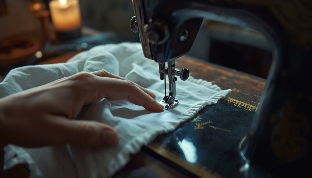 Testing sewing machine stitches on scrap fabric after fixing threading