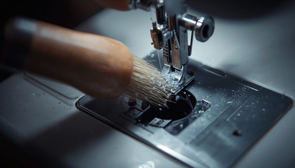 Brush removing lint from a sewing machine bobbin case
