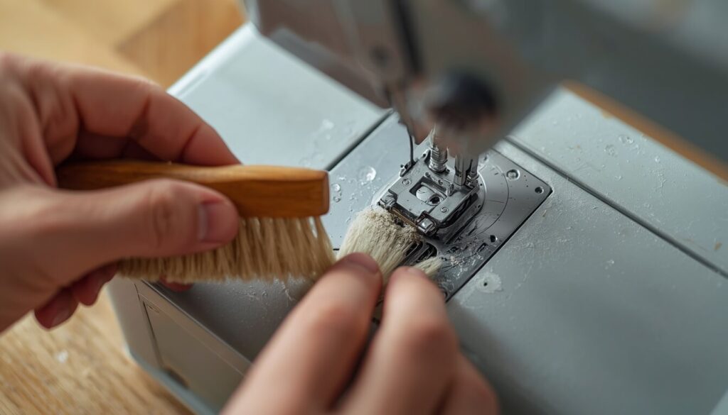 Brushing lint out of sewing machine feed dogs before oiling