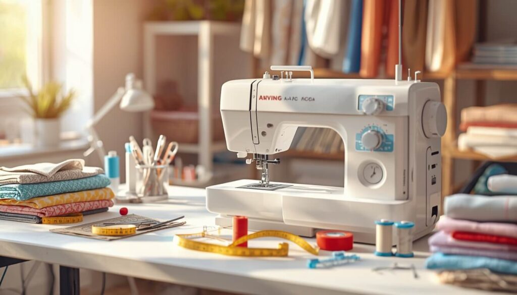Common sewing machine problems and solutions with a modern sewing machine on a crafting table.