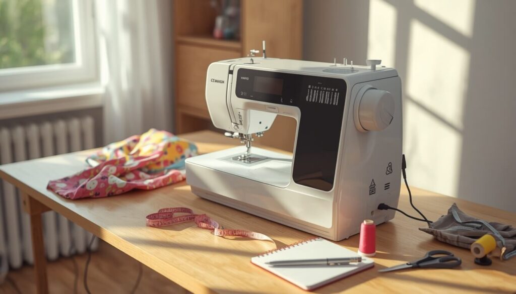 Common sewing machine problems and solutions with a modern sewing machine on a crafting table.