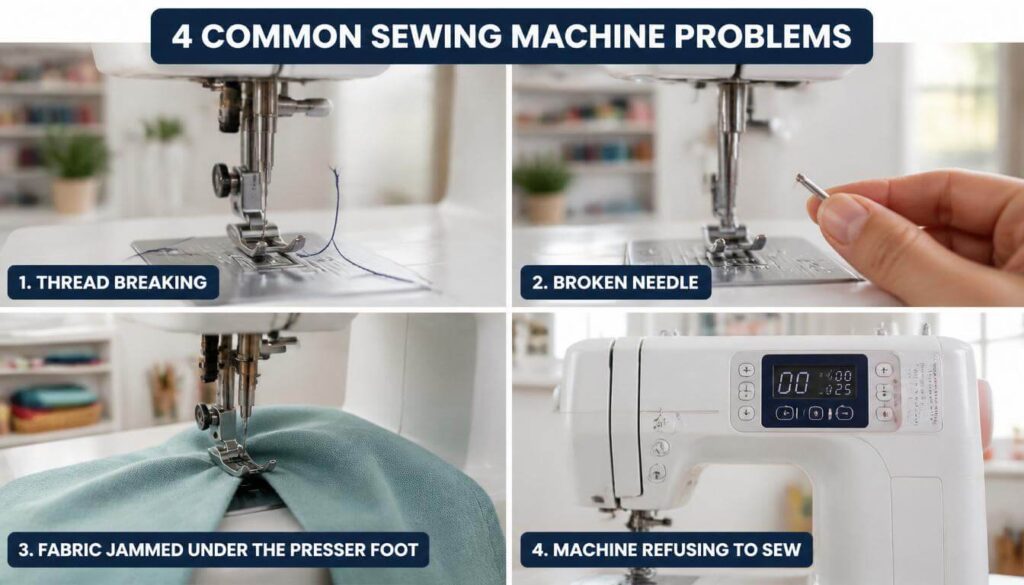 Illustration showing thread breaking, needle breaking, machine jamming, and skipped stitches.