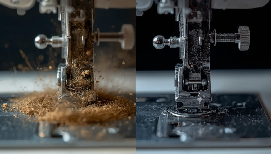 Comparison of a dirty and clean sewing machine bobbin area showing lint buildup.
