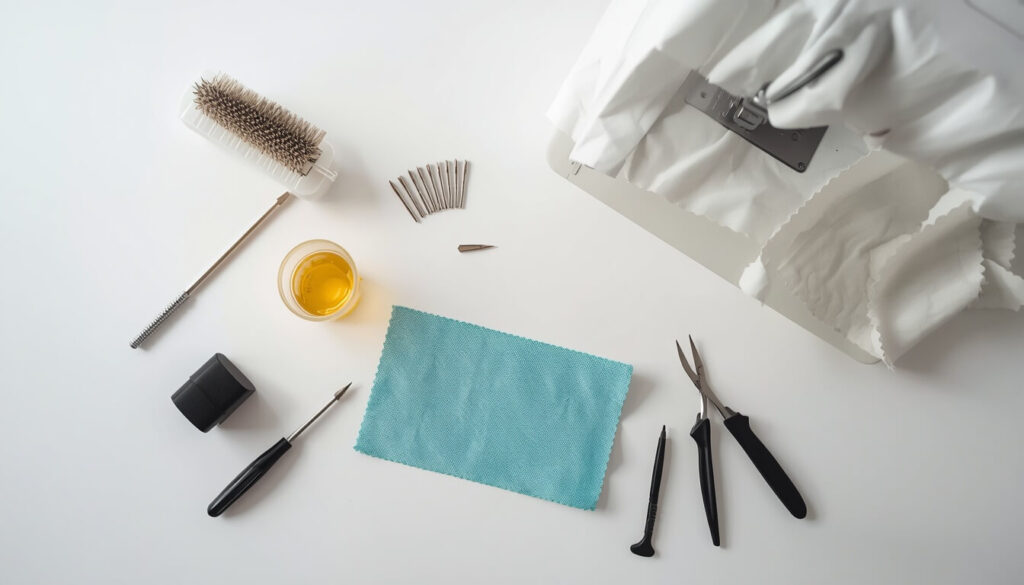 Cleaning tools and accessories used for sewing machine maintenance.