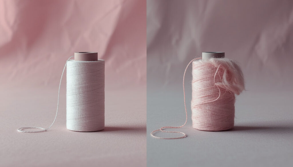 Comparison of a smoothly wound bobbin next to an unevenly wound bobbin