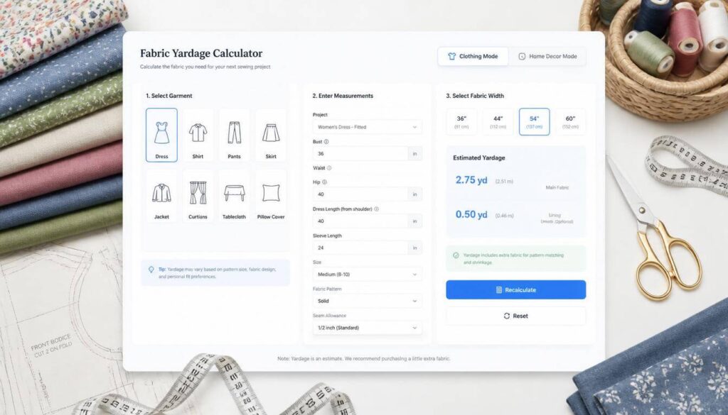 fabric-calculator-clothing-mode.webp Fabric calculator for clothing projects showing garment selection and fabric yardage estimation.