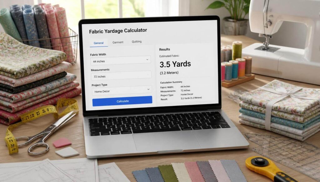 Fabric Yardage Calculator interface for estimating fabric requirements.