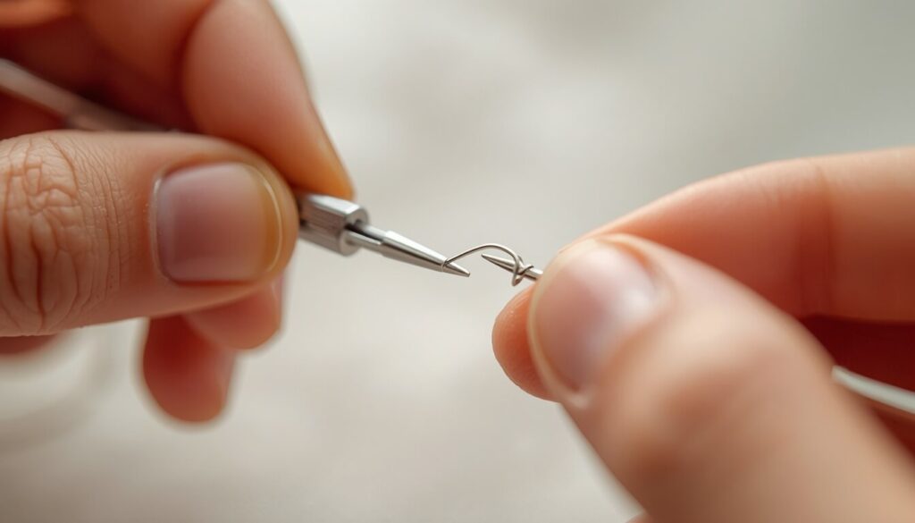 handheld-needle-threader-tool.jpg Hands using a handheld wire-loop needle threader to pass thread through a needle's eye