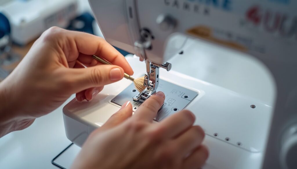 Checking a sewing machine needle and bobbin before troubleshooting.