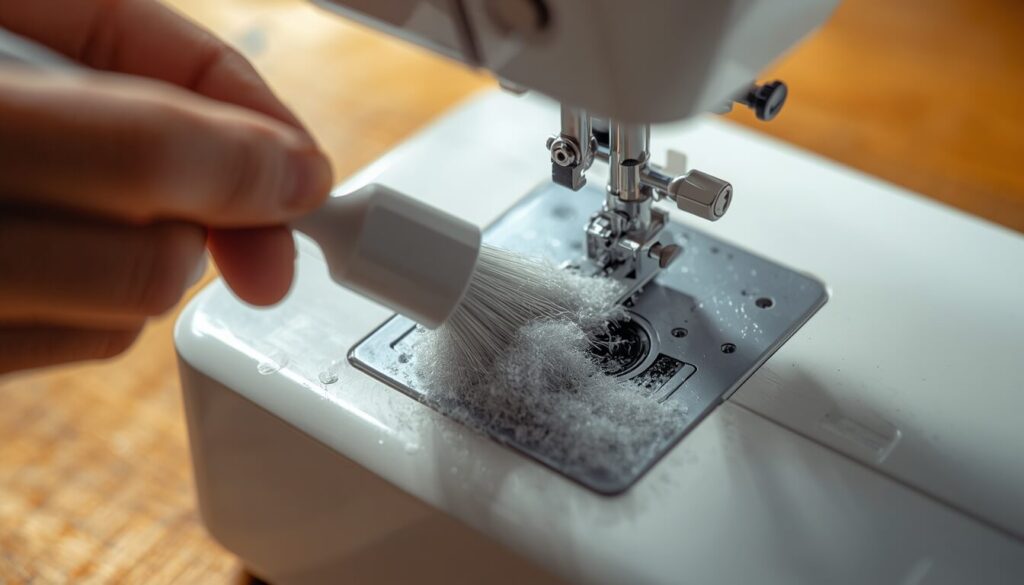 Hand brushing lint out of a sewing machine bobbin area while cleaning