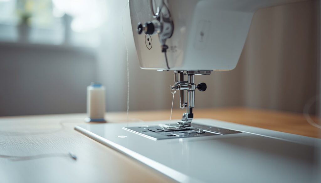 ewing machine with thread guided from spool pin through to the needle