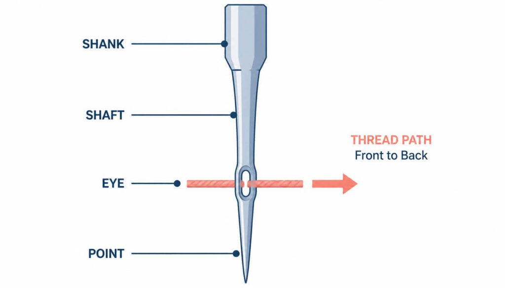 Diagram showing the correct front-to-back thread direction through a sewing machine needle eye