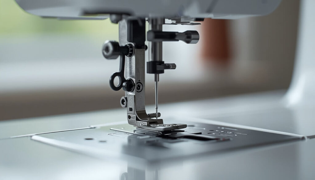 Close-up of a sewing machine needle threader lever being lowered toward the needle