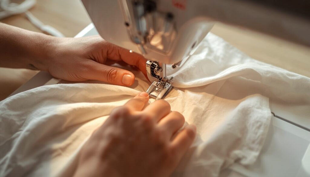 Hands guiding fabric under a sewing machine's presser foot while sewing a straight line