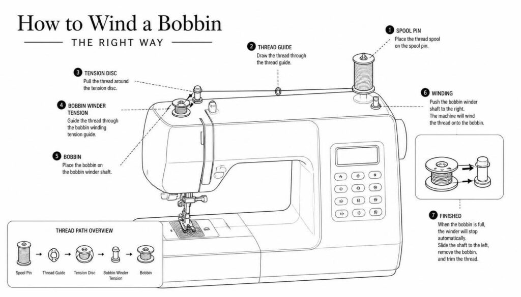 Sewing machine winding thread onto a bobbin through the tension disc