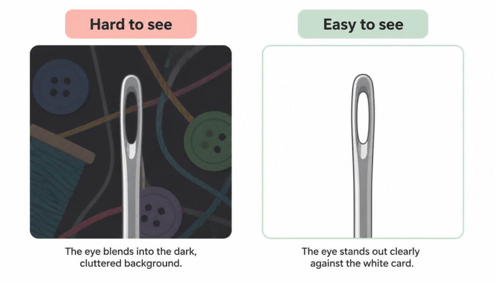 Diagram comparing a hard-to-see needle eye against a dark background versus an easy-to-see needle eye against a white card
