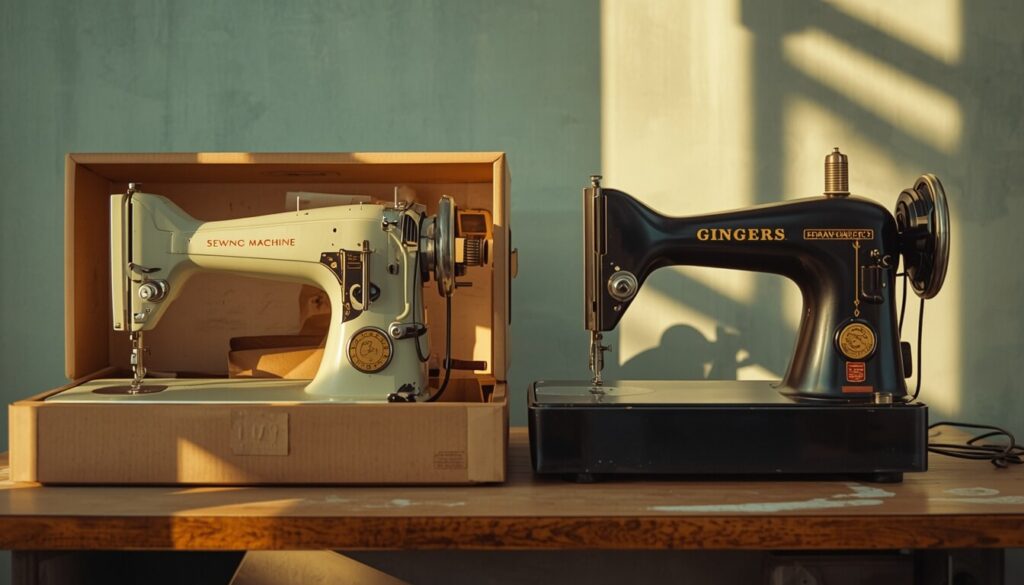 new-vs-old-sewing-machine.jpg Comparison of a new sewing machine and an older sewing machine before setup
