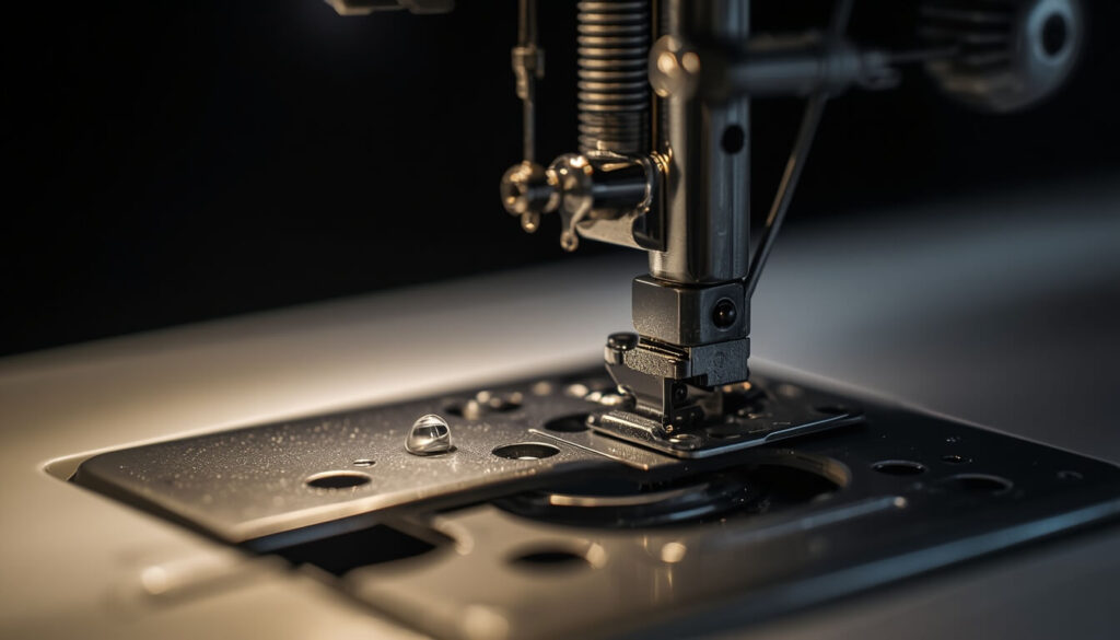 Single drop of oil being applied to sewing machine bobbin hook