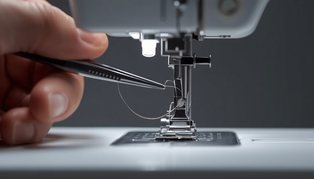 Using tweezers to pull bobbin thread loop through the needle plate