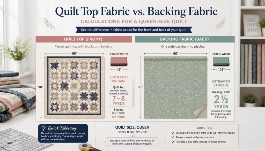 quilt-fabric-yardage-calculation.webp Quilt fabric yardage calculation showing separate estimates for quilt top and backing fabric.