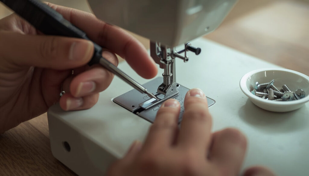 Removing screws from a sewing machine needle plate with a screwdriver