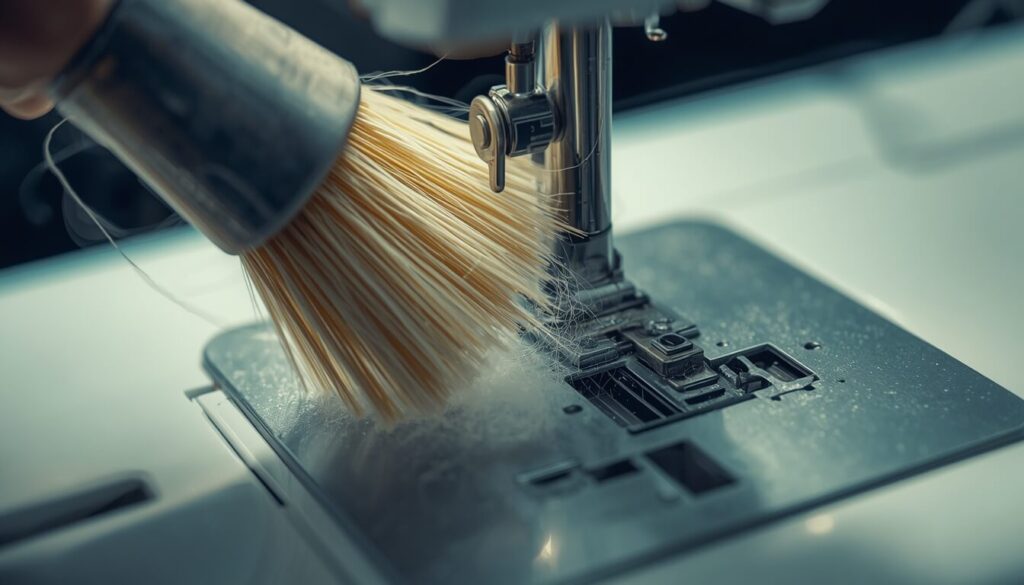 sewing-machine-bobbin-cleaning.jpg Soft brush cleaning lint out of a sewing machine bobbin case during servicing