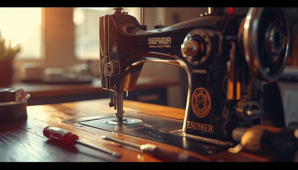 Sewing machine opened up for a home service with screwdriver and brush nearby
