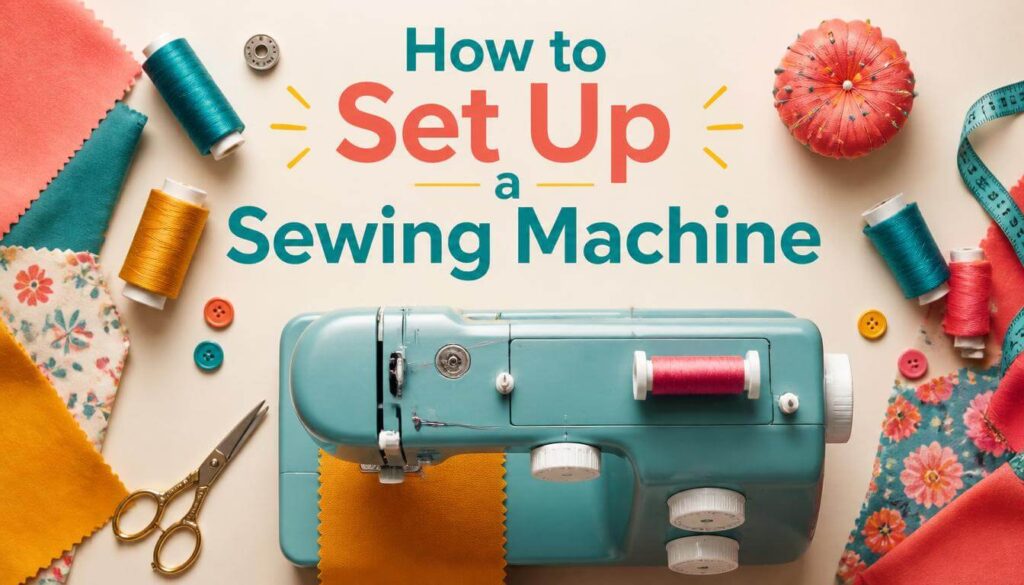 Bright colorful graphic showing how to set up a sewing machine