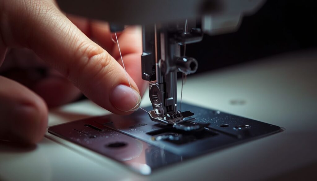 sewing-machine-threading-setup.jpg Hand threading a sewing machine through the tension discs with the presser foot raised