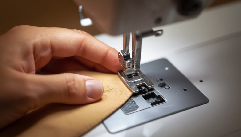 Close-up of fabric being sewn under a sewing machine needle