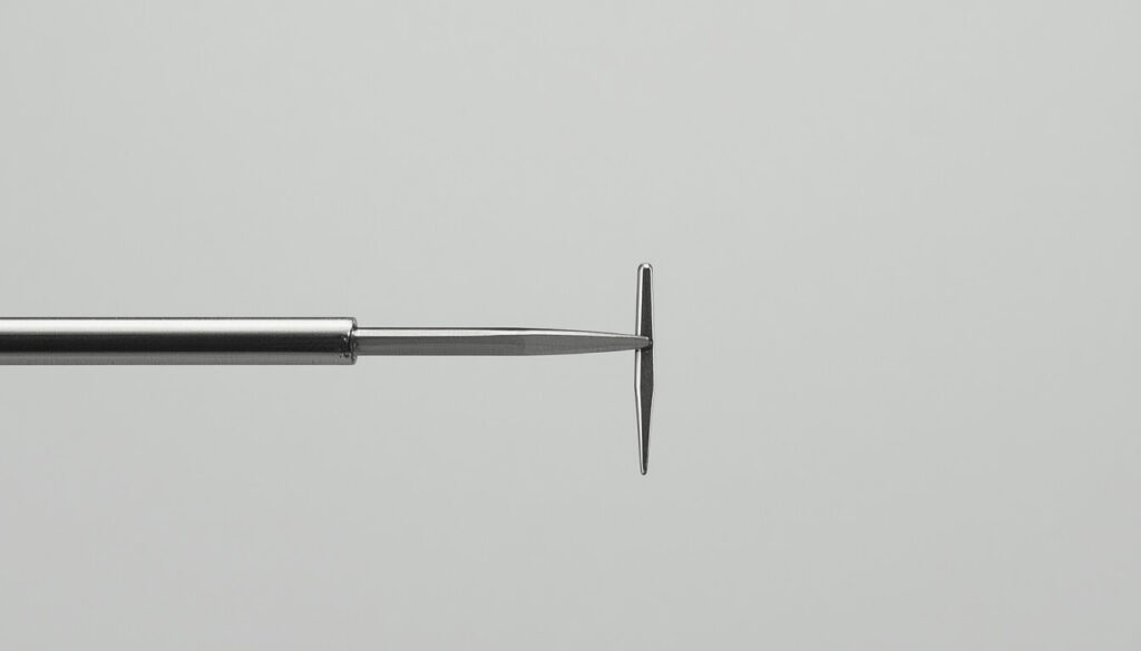 Bent sewing machine needle next to a straight replacement needle