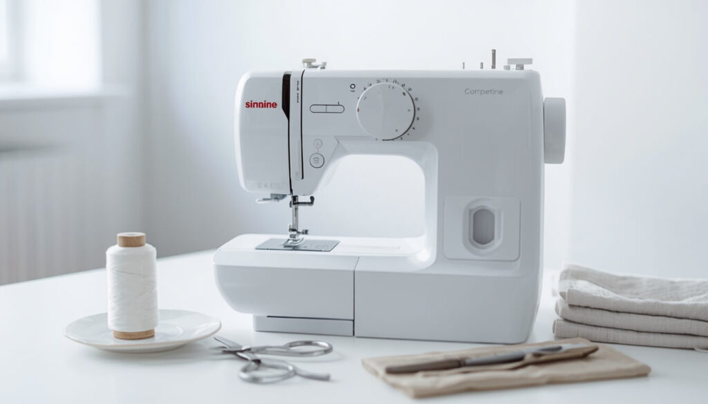 Beginner-friendly sewing machine on a table with sewing accessories