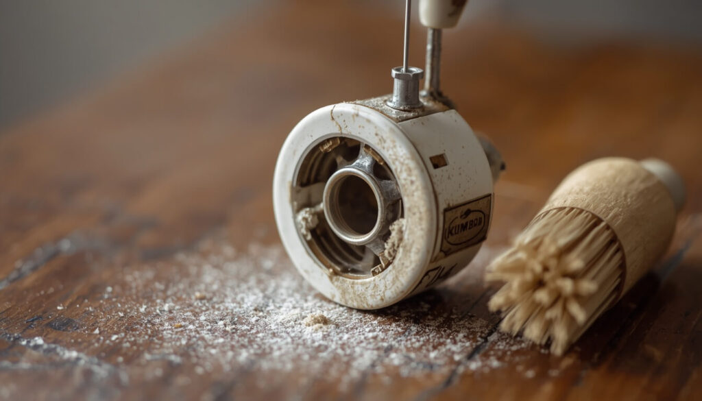 Sewing machine bobbin case with lint buildup being cleaned with a soft brush
