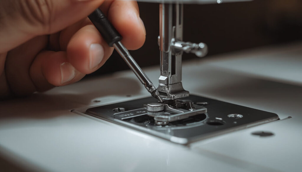 Hand adjusting the tension screw on a sewing machine bobbin case with a small screwdriver