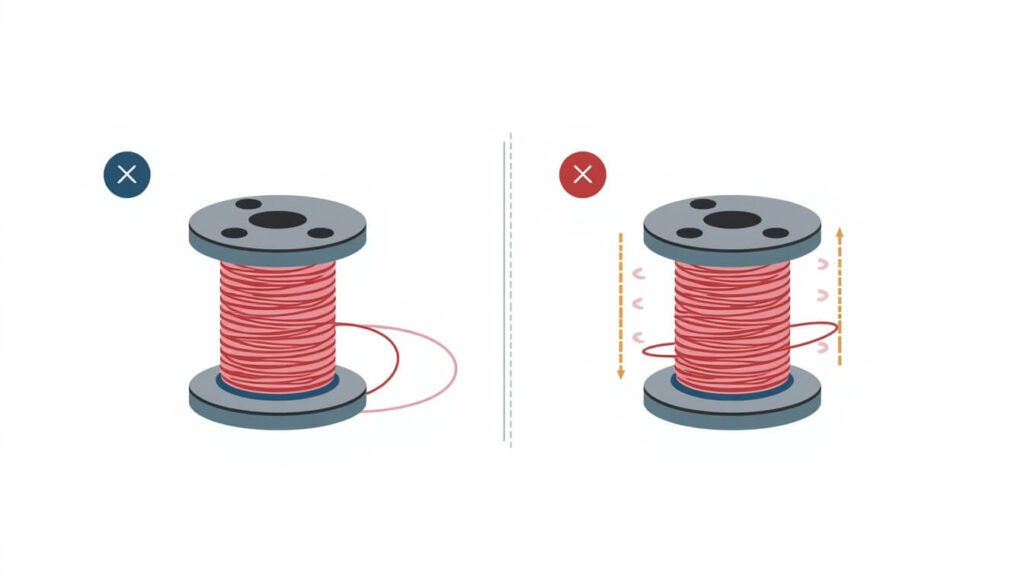 Diagram comparing correctly inserted bobbin to a backwards bobbin causing thread problems