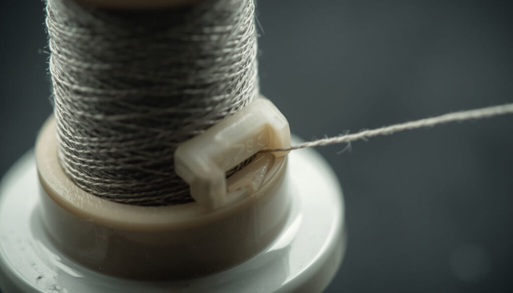 Close-up of bobbin direction arrow showing correct thread unwind direction