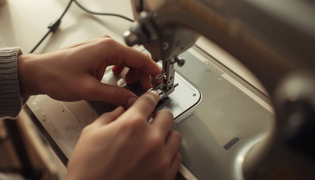 checking-sewing-machine-handwheel-bobbin-case.jpg Hands turning a sewing machine handwheel to check the needle path near the bobbin case