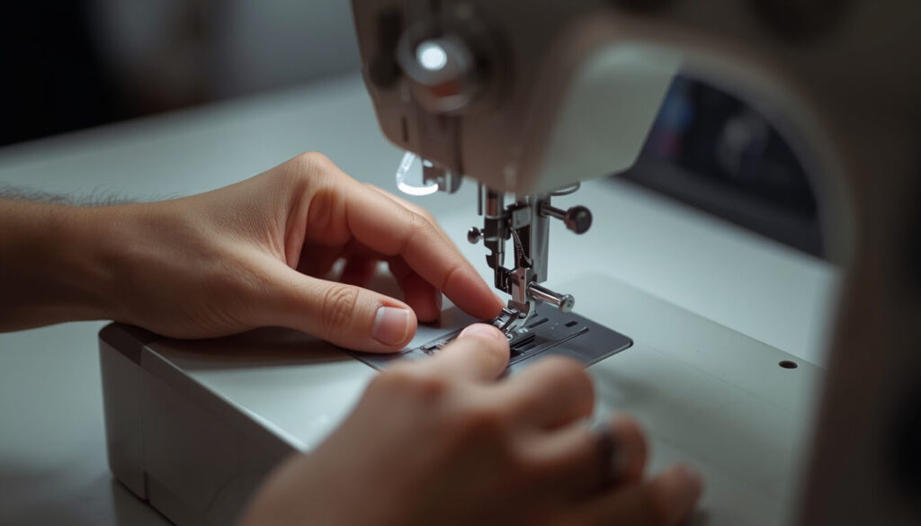 Hands turning a sewing machine handwheel to check needle and hook timing