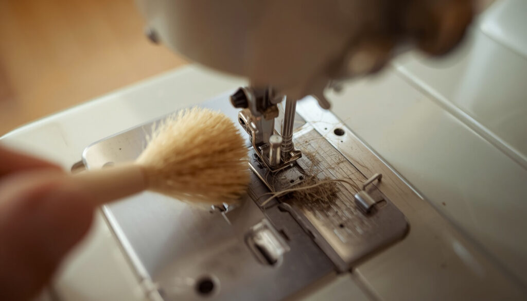 cleaning-lint-sewing-machine-bobbin-area.jpg Soft brush cleaning lint buildup from a sewing machine bobbin case to reduce grinding noise