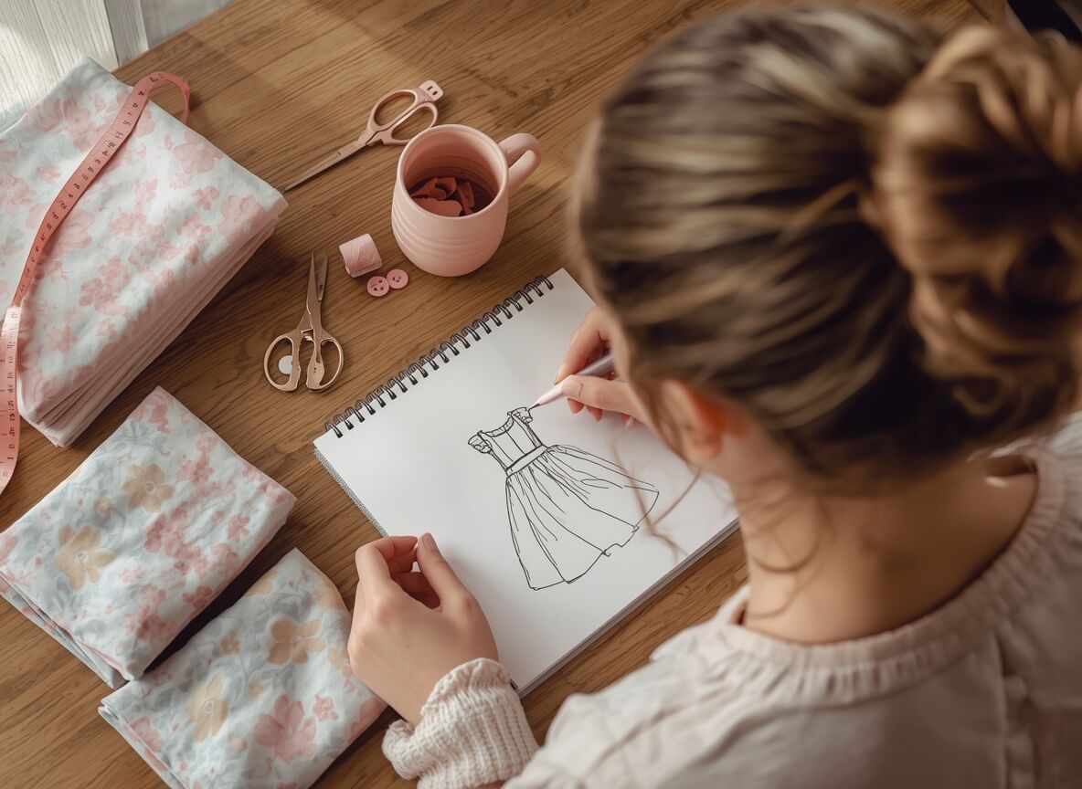 Marie Smith sketching a dress pattern in her sewing studio