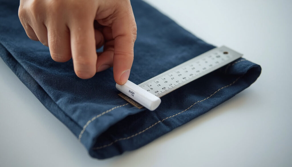 measuring-pants-hem-allowance.jpg Hand measuring hem allowance on pants with a ruler and tailor's chalk