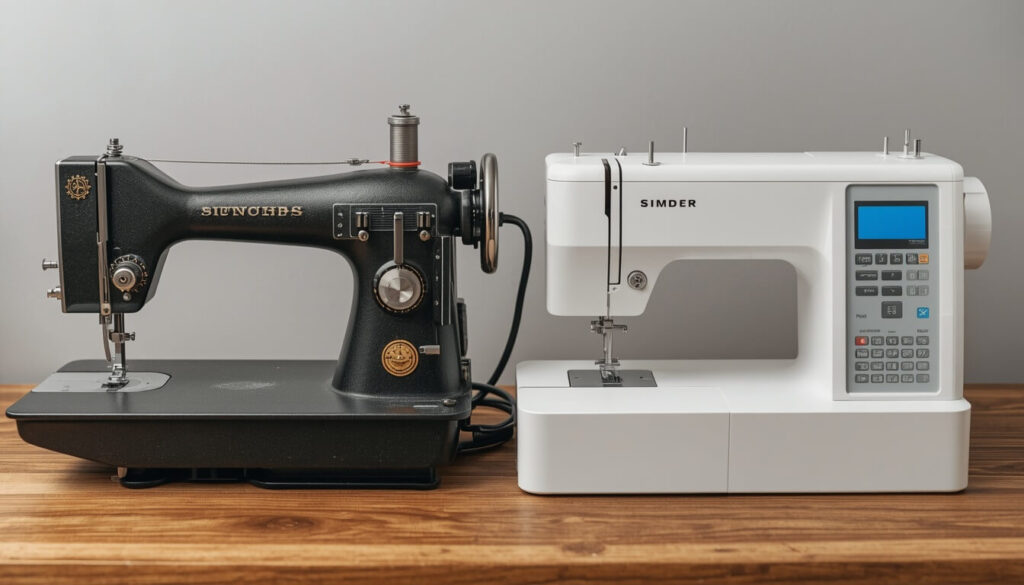 Mechanical sewing machine next to a computerized sewing machine