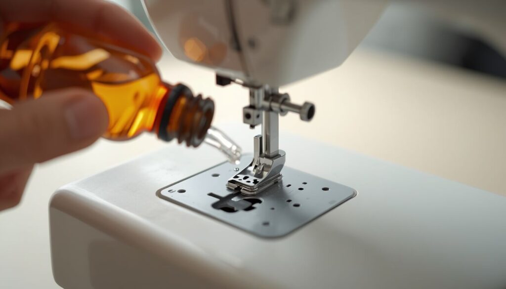 oiling-sewing-machine-hook-area.jpg A drop of sewing machine oil being applied near the hook area to reduce squeaking and grinding