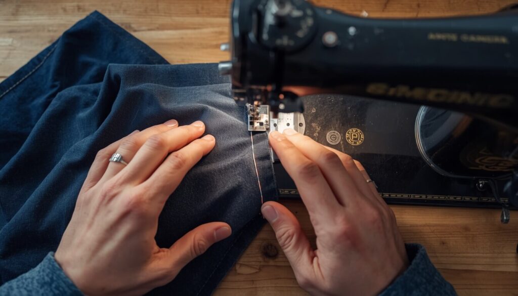 pant-leg-free-arm-sewing-machine.jpg Pant leg positioned on sewing machine free arm with pinned hem under the presser foot