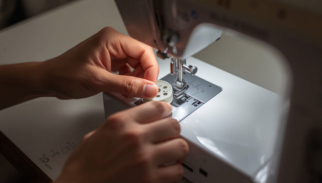 Hands removing a bobbin case from a sewing machine to check for a jam