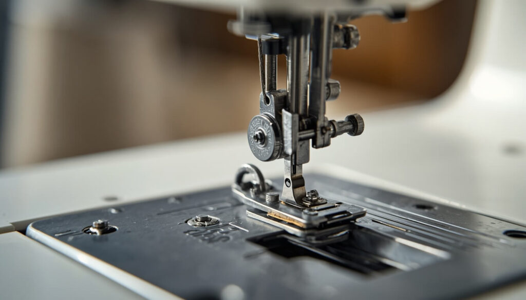 rethreading-sewing-machine-after-jam.jpg Hands re-threading a sewing machine through the tension disc