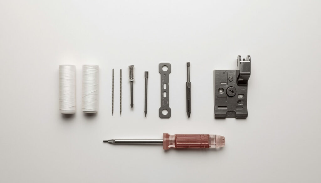 Sewing machine accessories including bobbins, needles, and a seam ripper