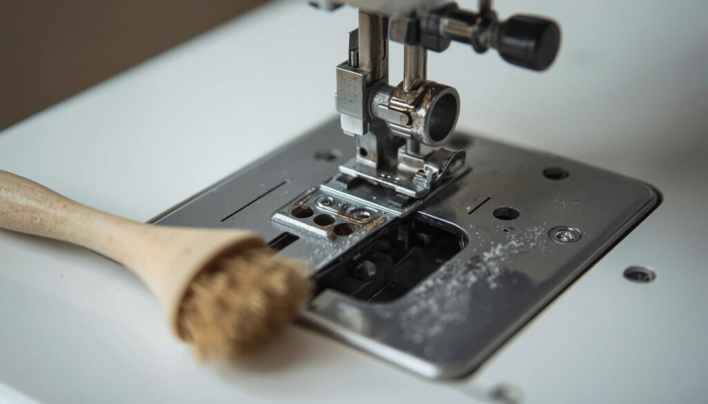 sewing-machine-bobbin-case-lint-cleaning.jpg Sewing machine bobbin case with lint buildup being cleaned to stop thread breaking