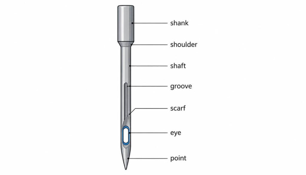 sewing-machine-needle-anatomy-diagram.jpg Diagram labeling the parts of a sewing machine needle including shank, shaft, eye, and point