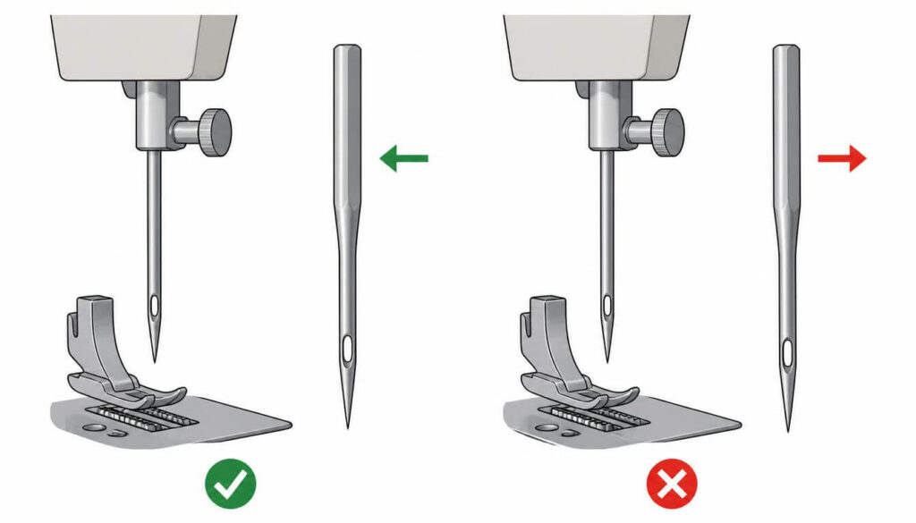 sewing-machine-needle-correct-vs-backwards.jpg Diagram comparing a correctly inserted sewing machine needle to a backwards needle causing thread breaking